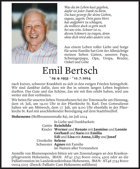 Todesanzeige von Emil Bertsch von Vorarlberger Nachrichten