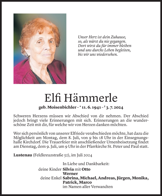 Todesanzeige von Elfi Hämmerle von Vorarlberger Nachrichten