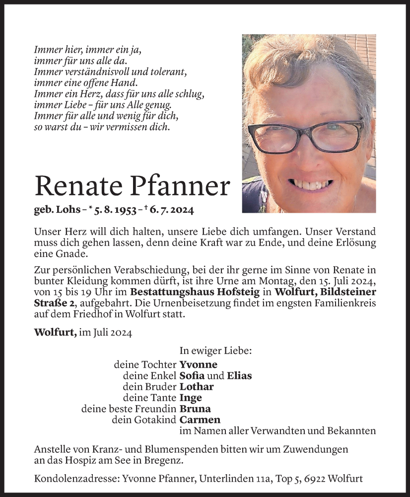  Todesanzeige für Renate Pfanner vom 11.07.2024 aus Vorarlberger Nachrichten