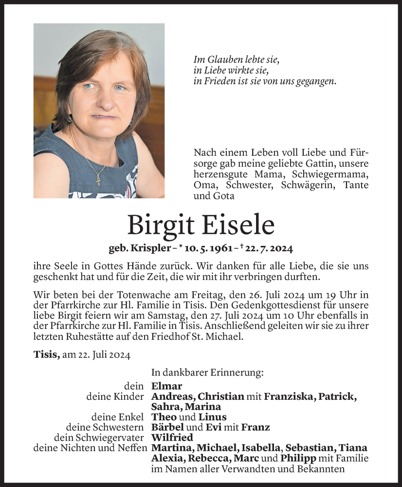  Todesanzeige für Birgit Eisele vom 24.07.2024 aus Vorarlberger Nachrichten