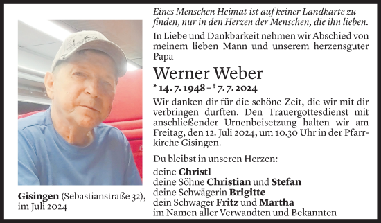 Todesanzeige von Werner Weber von Vorarlberger Nachrichten