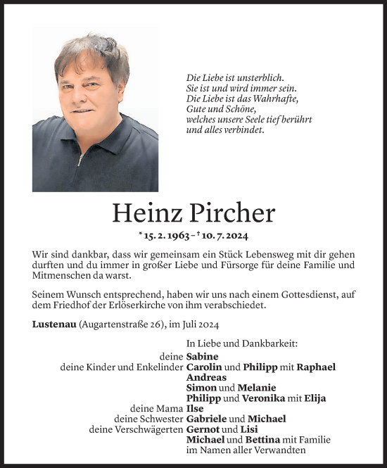 Todesanzeige von Heinz Pircher von Vorarlberger Nachrichten