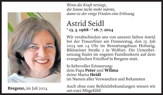 Todesanzeige von Astrid Seidl von Vorarlberger Nachrichten