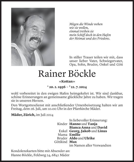 Todesanzeige von Rainer Böckle von Vorarlberger Nachrichten