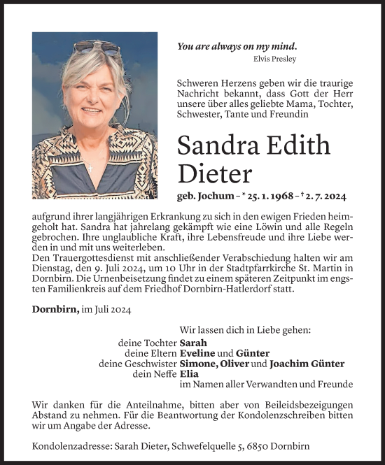 Todesanzeige von Sandra Dieter von Vorarlberger Nachrichten