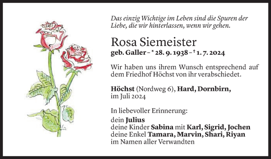 Todesanzeige von Rosa Siemeister von Vorarlberger Nachrichten