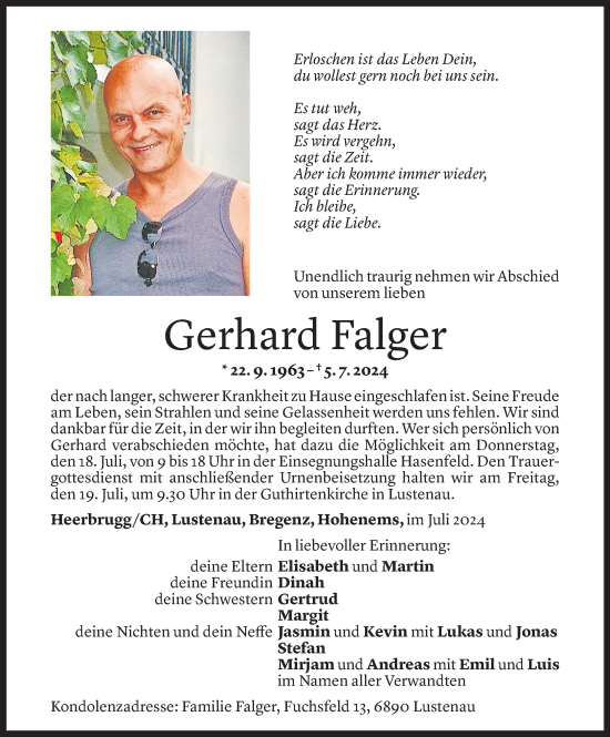 Todesanzeige von Gerhard Falger von Vorarlberger Nachrichten