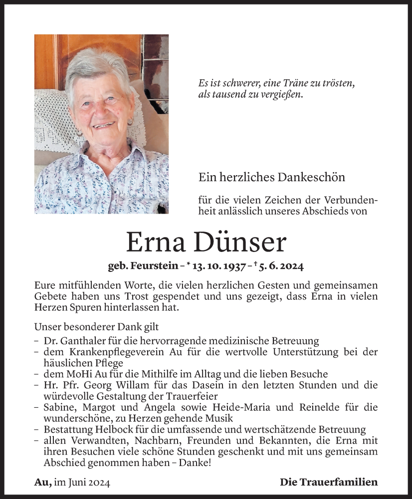  Todesanzeige für Erna Dünser vom 05.06.2024 aus Vorarlberger Nachrichten