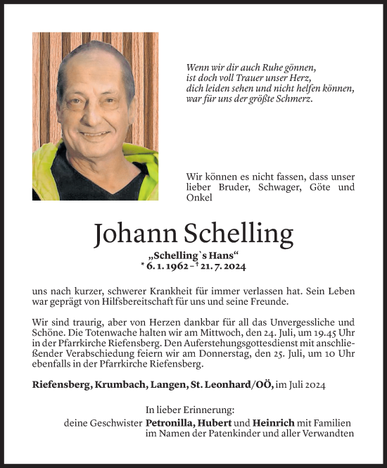 Todesanzeige von Johann Schelling von Vorarlberger Nachrichten