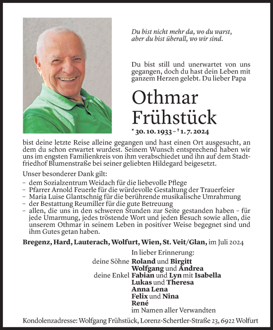 Todesanzeige von Othmar Frühstück von Vorarlberger Nachrichten