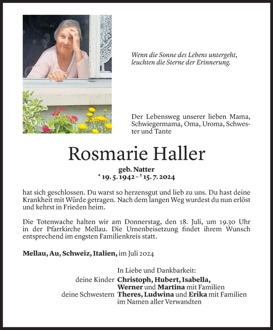 Todesanzeige von Rosmarie Haller von Vorarlberger Nachrichten
