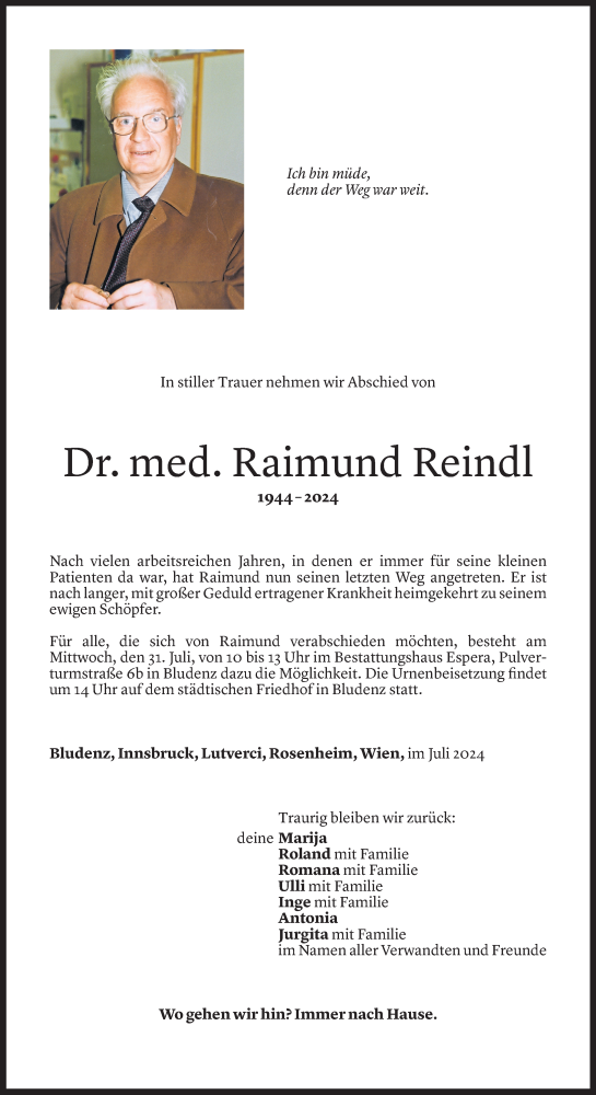 Todesanzeige von Raimund Reindl von Vorarlberger Nachrichten