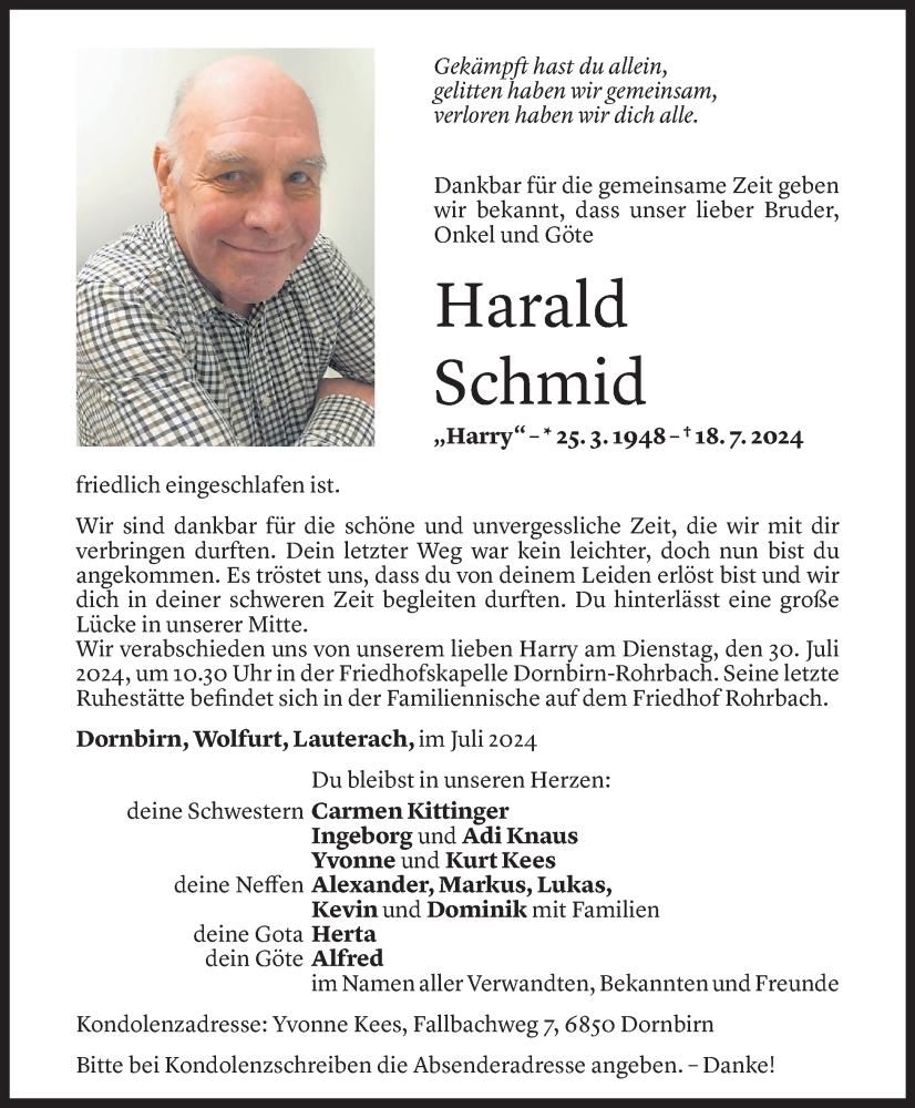  Todesanzeige für Harald Schmid vom 27.07.2024 aus Vorarlberger Nachrichten