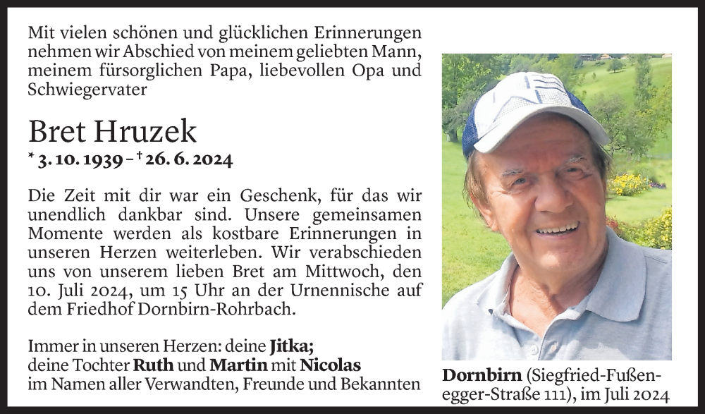  Todesanzeige für Bret Hruzek vom 05.07.2024 aus Vorarlberger Nachrichten