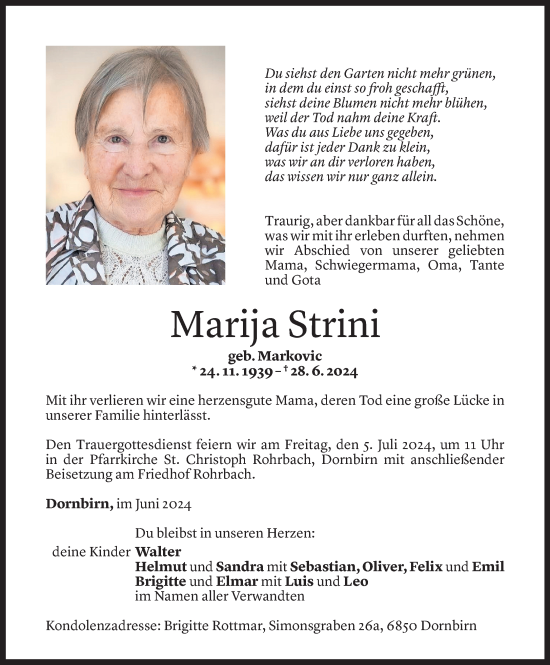 Todesanzeige von Marija Strini von Vorarlberger Nachrichten