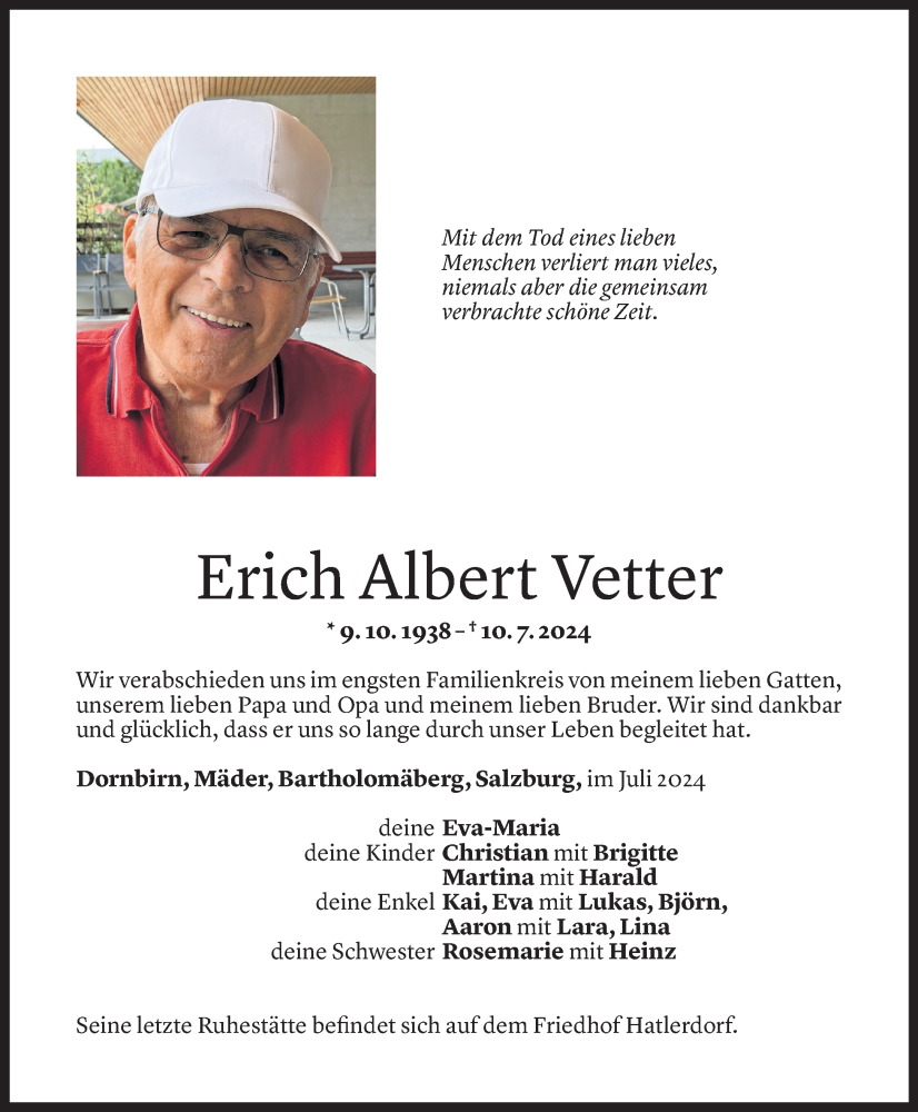  Todesanzeige für Erich Albert Vetter vom 13.07.2024 aus Vorarlberger Nachrichten