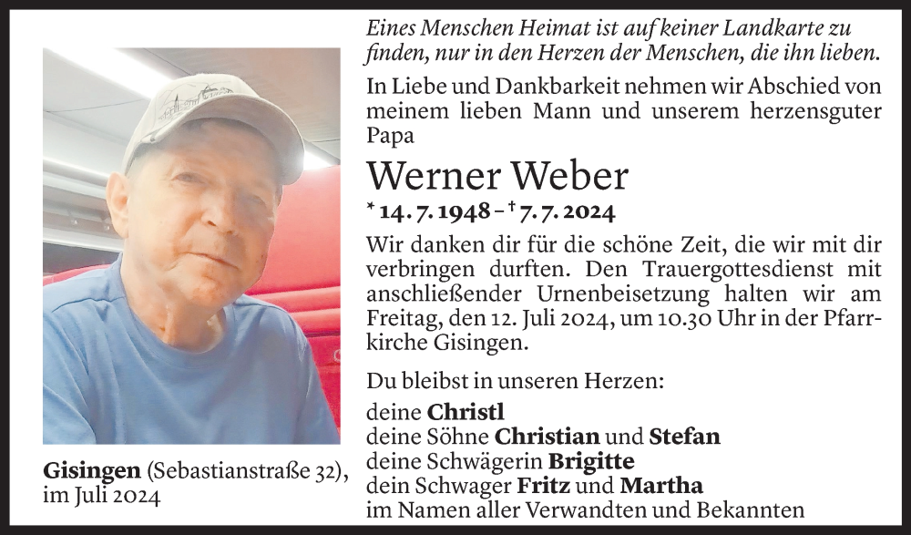  Todesanzeige für Werner Weber vom 10.07.2024 aus Vorarlberger Nachrichten