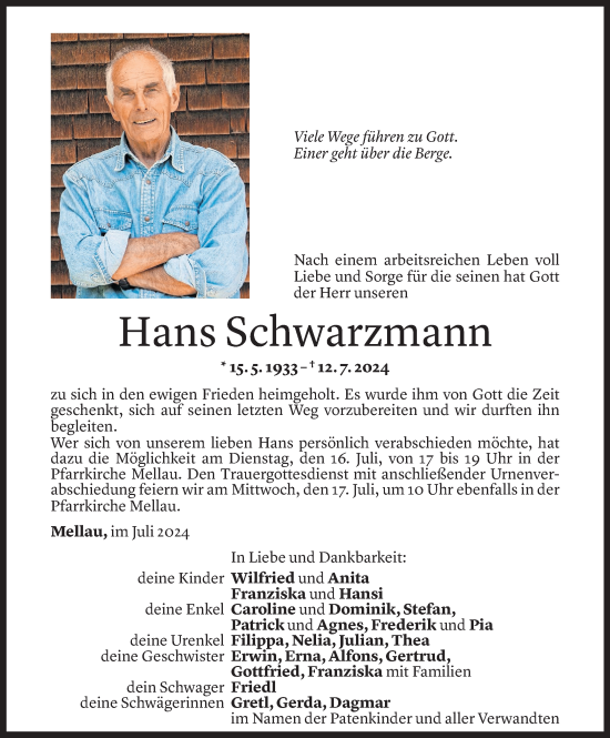 Todesanzeige von Hans Schwarzmann von Vorarlberger Nachrichten