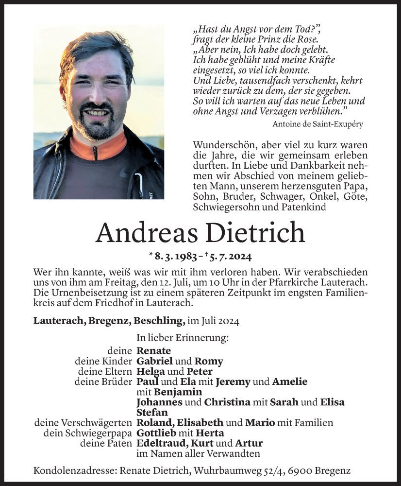  Todesanzeige für Andreas Dietrich vom 10.07.2024 aus Vorarlberger Nachrichten