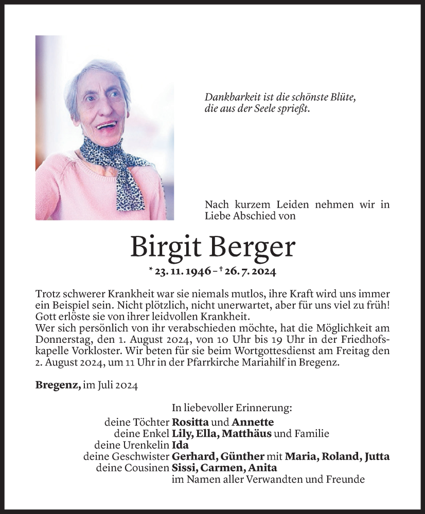  Todesanzeige für Birgit Berger vom 30.07.2024 aus Vorarlberger Nachrichten