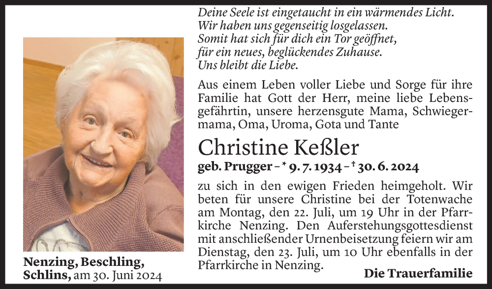  Todesanzeige für Christine Keßler vom 20.07.2024 aus Vorarlberger Nachrichten