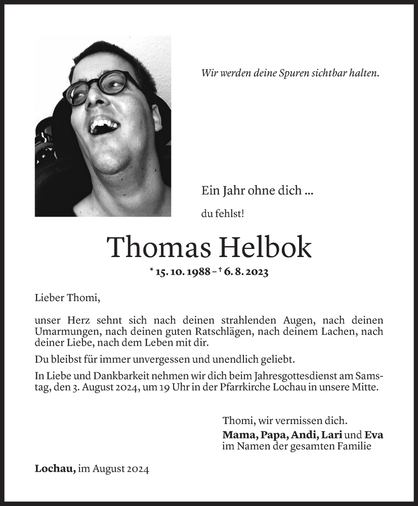  Todesanzeige für Thomas Helbok vom 31.07.2024 aus Vorarlberger Nachrichten