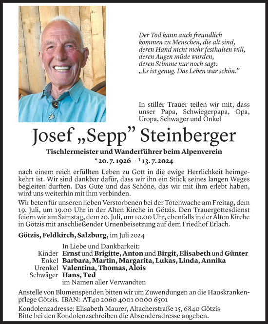 Todesanzeige von Josef Steinberger von Vorarlberger Nachrichten