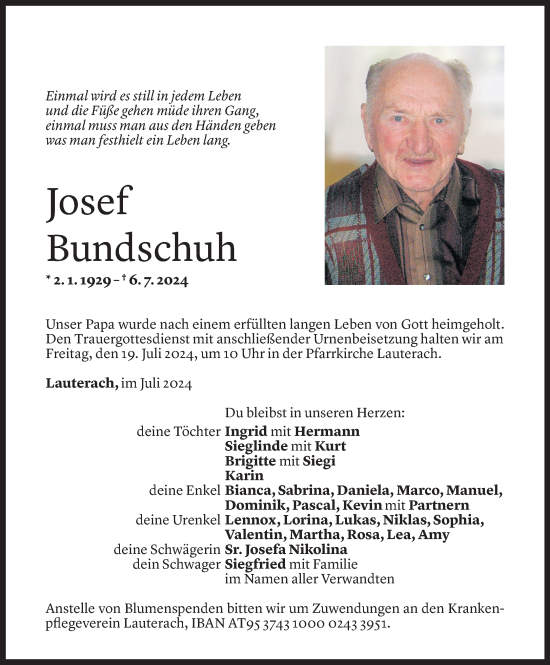 Todesanzeige von Josef Bundschuh von Vorarlberger Nachrichten