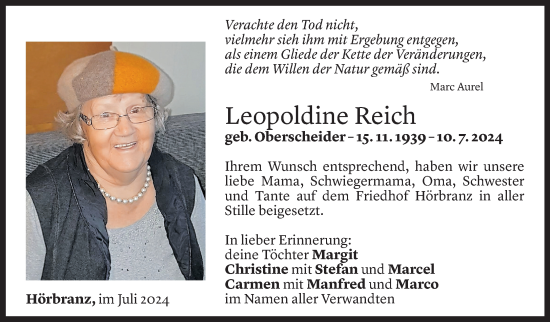 Todesanzeige von Leopoldine Reich von Vorarlberger Nachrichten
