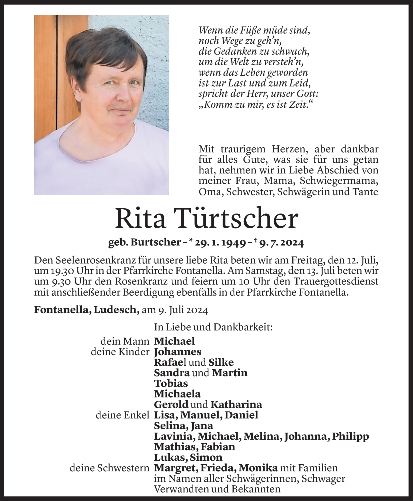  Todesanzeige für Rita Türtscher vom 11.07.2024 aus Vorarlberger Nachrichten