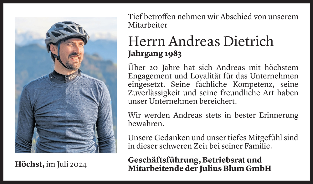  Todesanzeige für Andreas Dietrich vom 10.07.2024 aus Vorarlberger Nachrichten