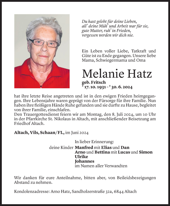 Todesanzeige von Melanie Hatz von Vorarlberger Nachrichten