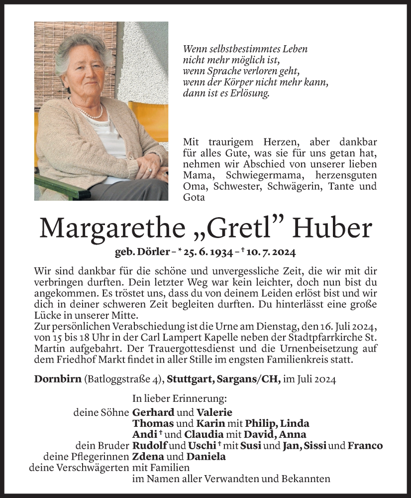  Todesanzeige für Margarethe Huber vom 12.07.2024 aus Vorarlberger Nachrichten