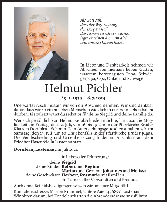 Todesanzeige von Helmut Pichler von Vorarlberger Nachrichten