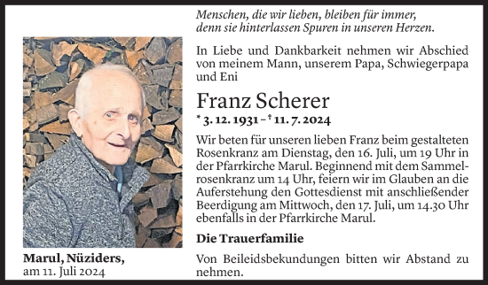 Todesanzeige von Franz Scherer von Vorarlberger Nachrichten