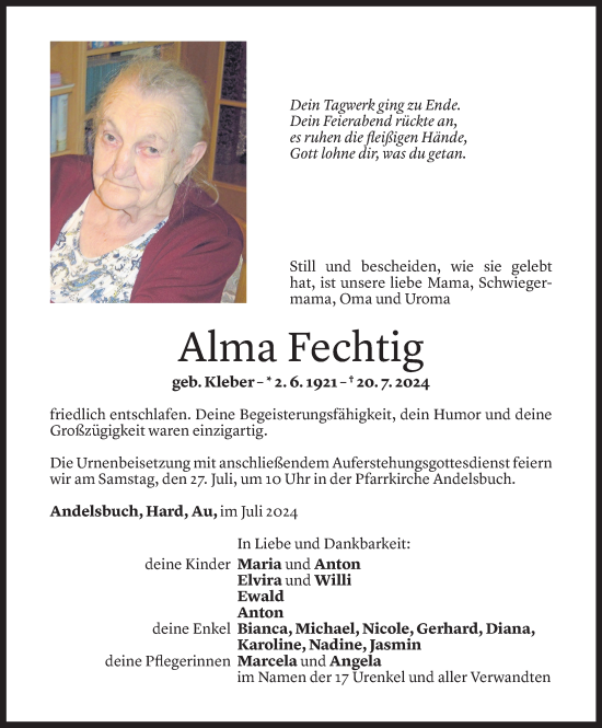 Todesanzeige von Alma Fechtig von Vorarlberger Nachrichten