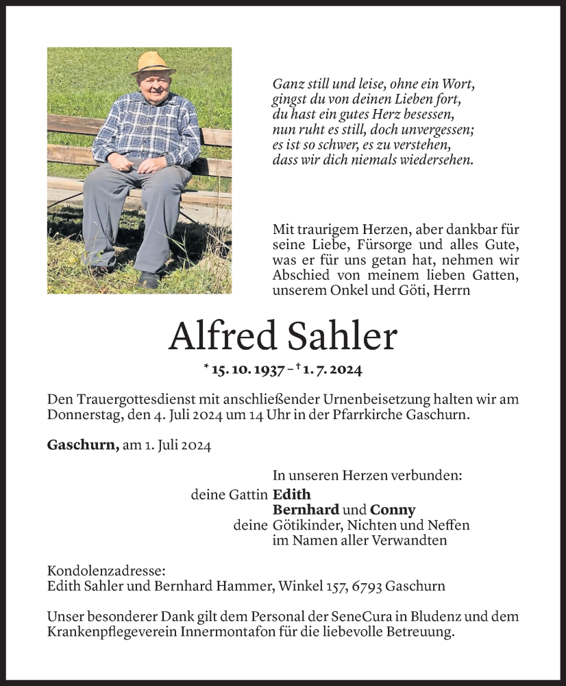  Todesanzeige für Alfred Sahler vom 02.07.2024 aus Vorarlberger Nachrichten