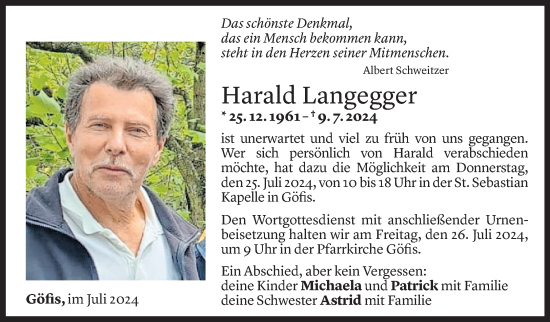 Todesanzeige von Harald Langegger von Vorarlberger Nachrichten
