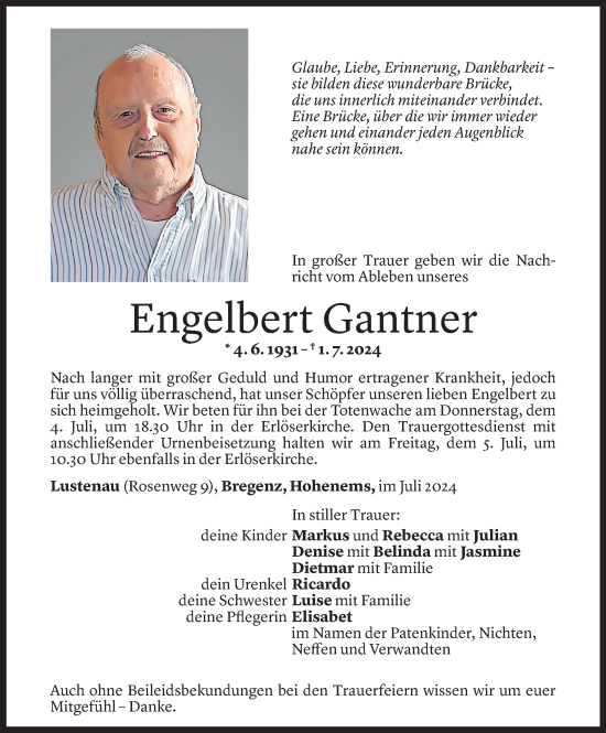 Todesanzeige von Engelbert Gantner von Vorarlberger Nachrichten