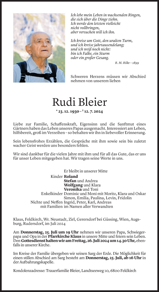 Todesanzeige von Rudi Bleier von Vorarlberger Nachrichten
