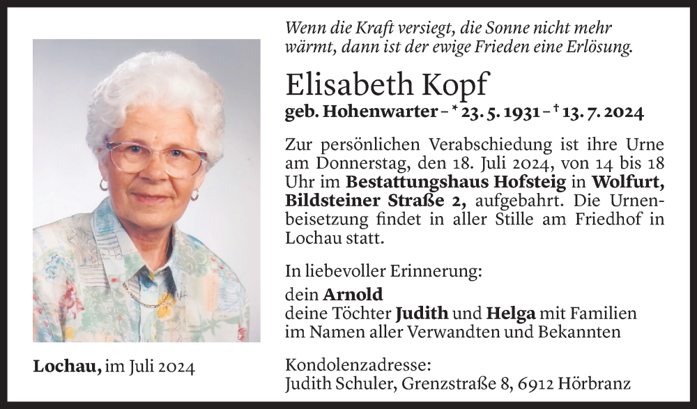  Todesanzeige für Elisabeth Kopf vom 16.07.2024 aus Vorarlberger Nachrichten