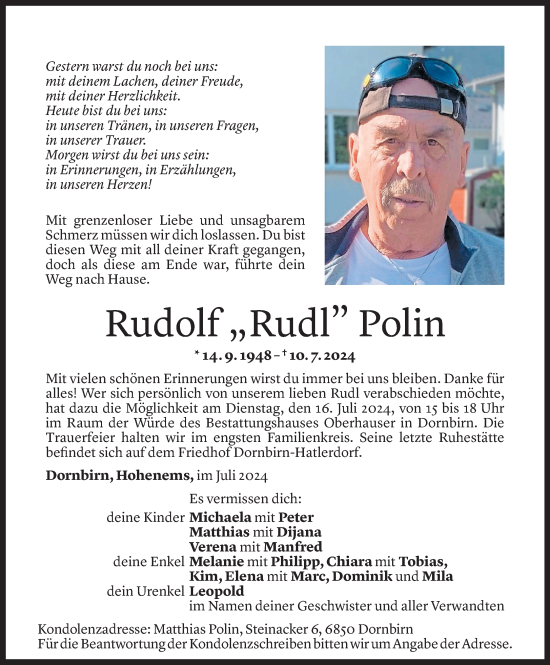 Todesanzeige von Rudolf Polin von Vorarlberger Nachrichten