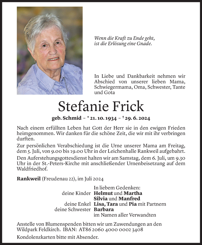  Todesanzeige für Stefanie Frick vom 03.07.2024 aus Vorarlberger Nachrichten