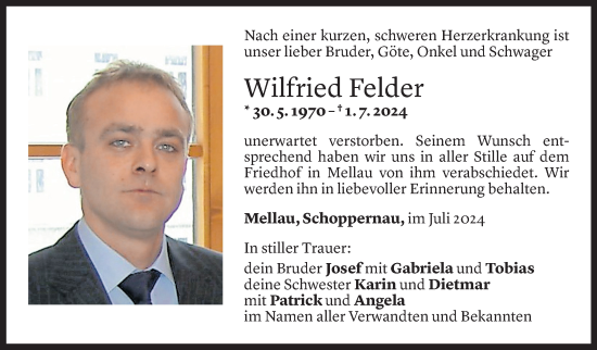 Todesanzeige von Wilfried Felder von Vorarlberger Nachrichten