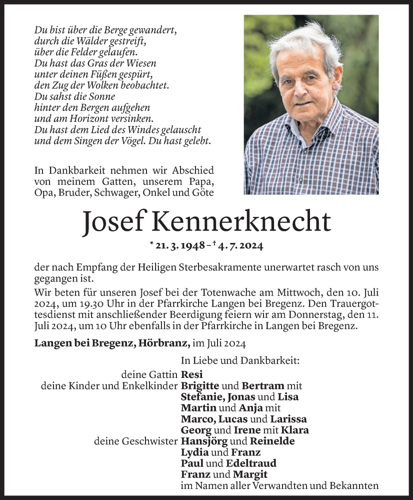  Todesanzeige für Josef Kennerknecht vom 08.07.2024 aus Vorarlberger Nachrichten