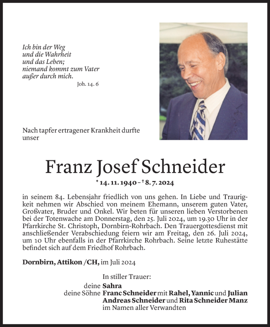 Todesanzeige von Franz Josef Schneider von Vorarlberger Nachrichten