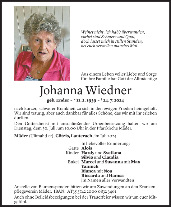 Todesanzeige von Johanna Wiedner von Vorarlberger Nachrichten