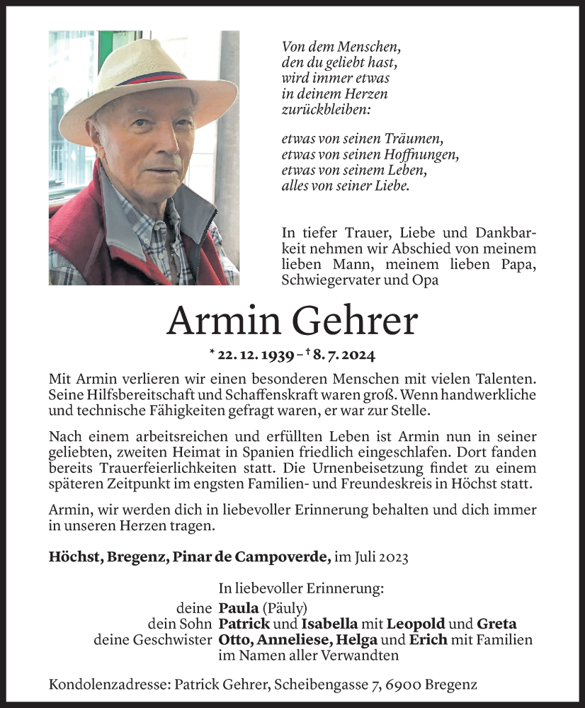  Todesanzeige für Armin Gehrer vom 24.07.2024 aus Vorarlberger Nachrichten