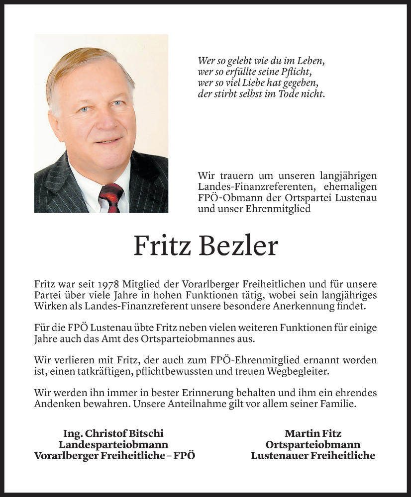  Todesanzeige für Fritz Bezler vom 09.07.2024 aus Vorarlberger Nachrichten