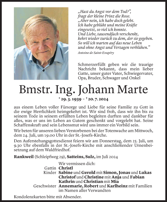 Todesanzeige von Johann Marte von Vorarlberger Nachrichten